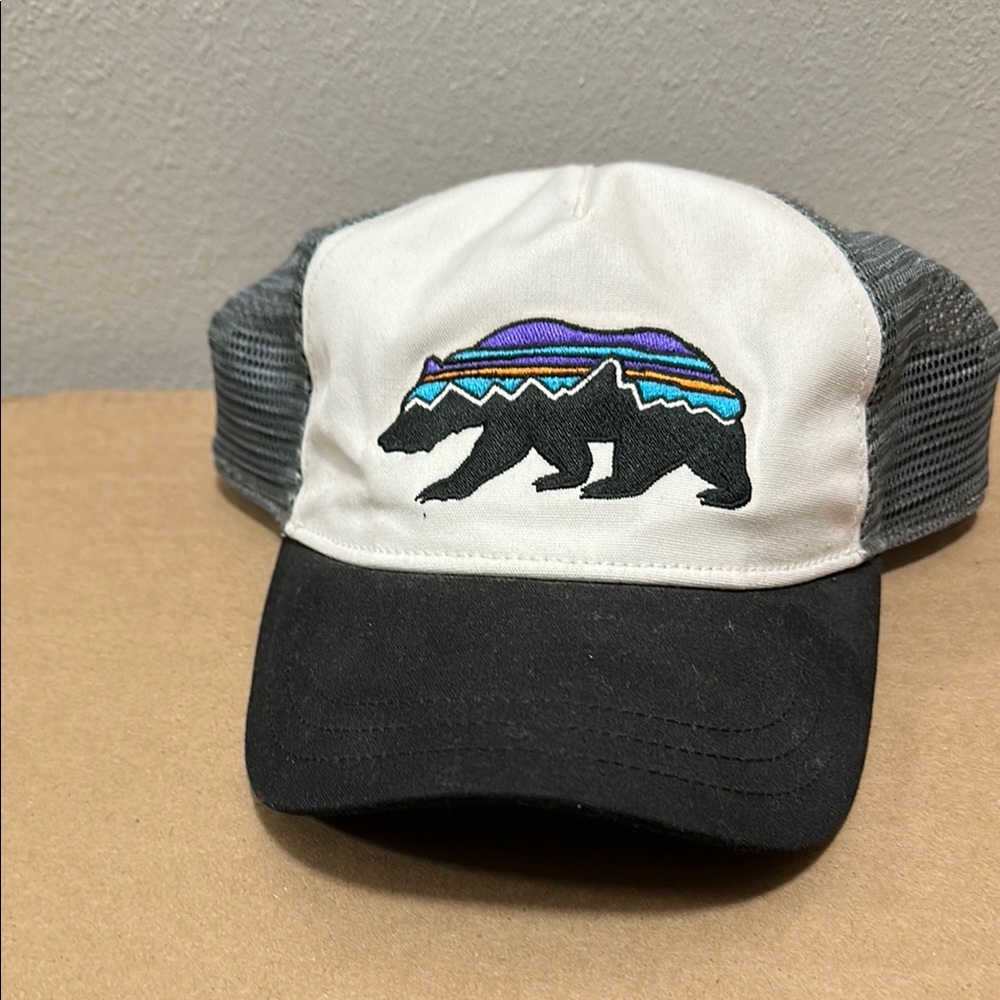 Patagonia Low Pro Black and White Hat with Bear Design